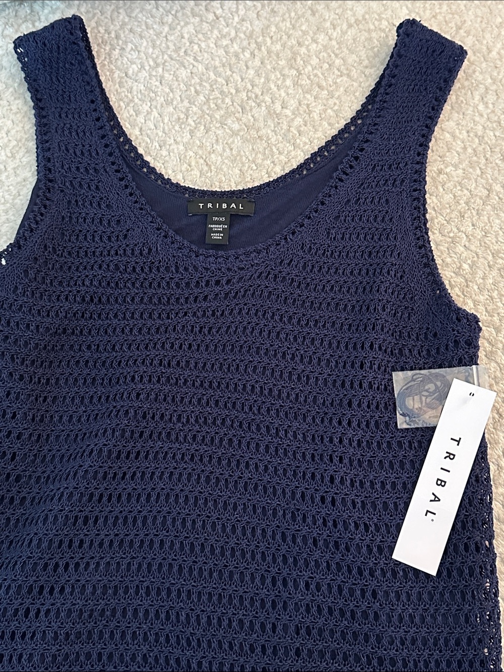 Tribal Navy Lined Crocheted Tank in Jet/XS